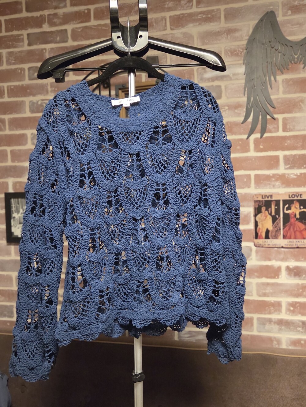 POL Navy Blue Crochet Openwork Crewneck Sweater